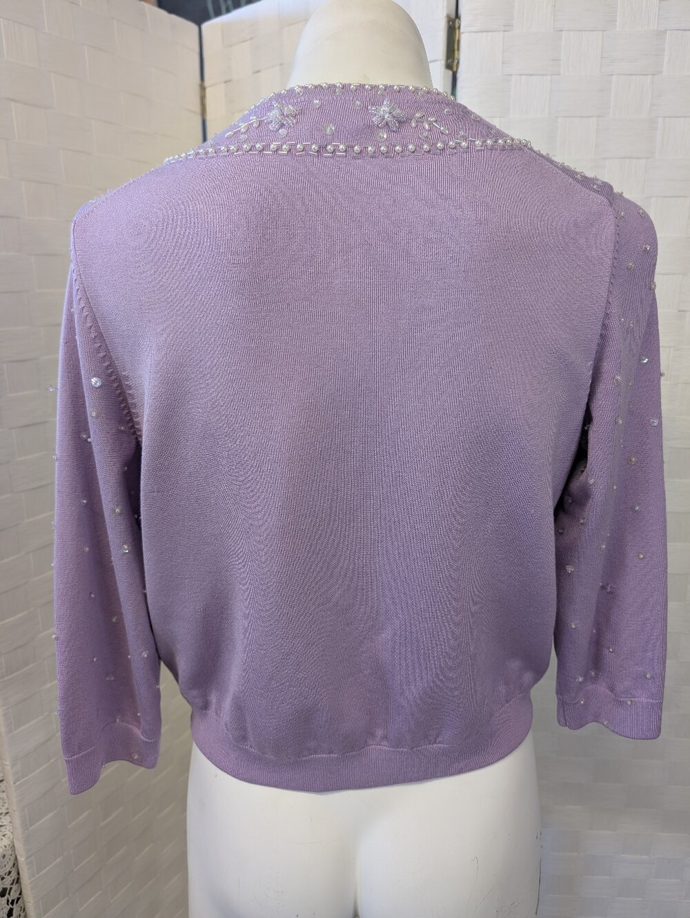 Sweater Beaded Sequin Lilac Women's Cardigan 3/4 Sleeve Cropped Waist - Picture 3 of 4
